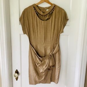 GANTOS Vintage Khaki Tan Safari Tribal Beaded Sheath Dress S Bodycon Faux Sash